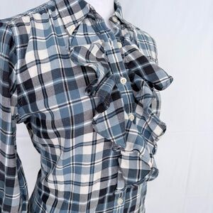 Ralph Lauren Plaid Ruffle Button-Up Large Long Sleeve Shirt EUC